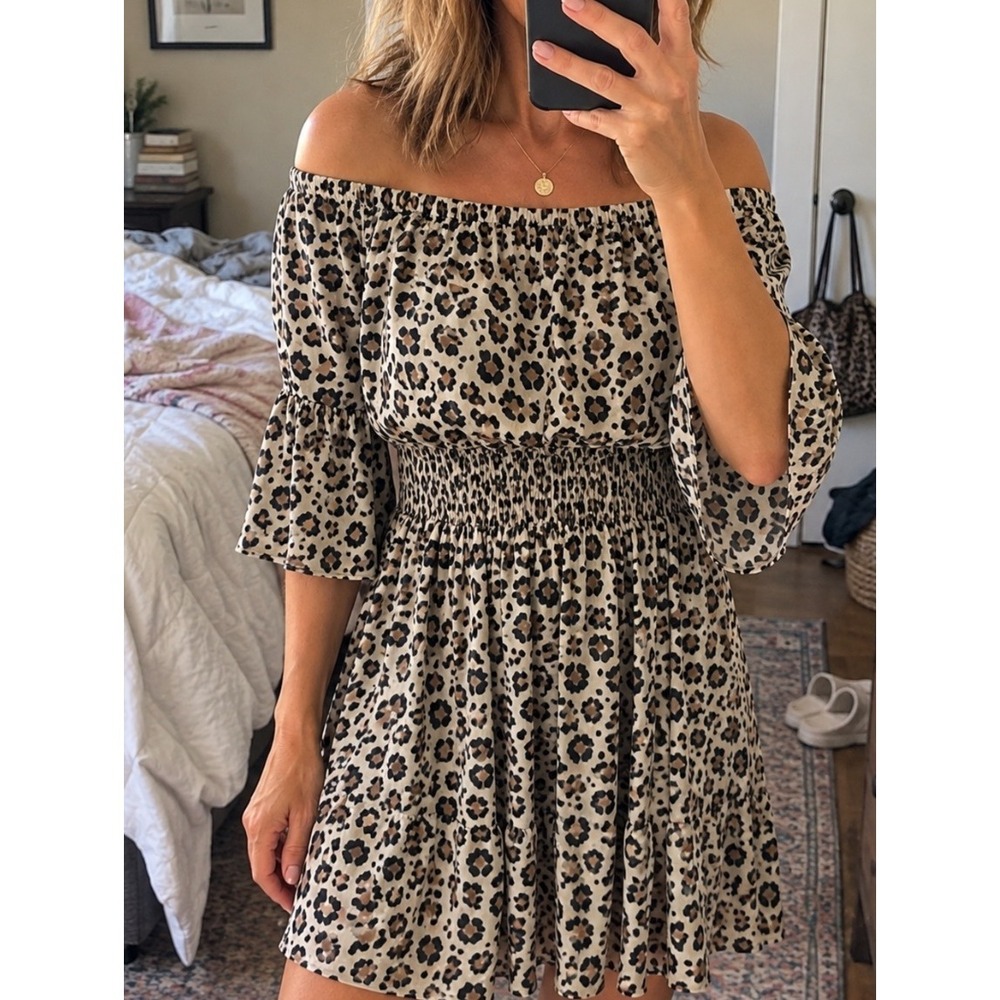 Le Gali Leopard Mini Dress Large Off Shoulder Smocked Waist Bell Sleeve Boho‎